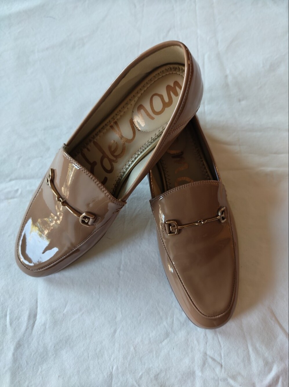 Sam Edelman Patent Loafers in Taupe with Gold Hardware